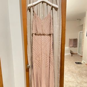 Adrianna Papell Art Deco Beaded Blouson Gown in Taupe Pink